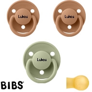 Bibs de LUX Schnuller mit Namen, Rund, Latex, Gr. 2, (1 Sage, 2 Earth), 3'er Pack